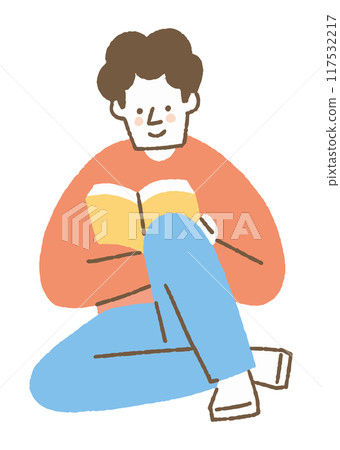 一個男人抬起膝蓋坐著閱讀顏色 117532217