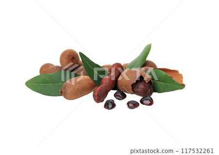 PNG,Ripe tamarind with leaves, isolated on white background 117532261