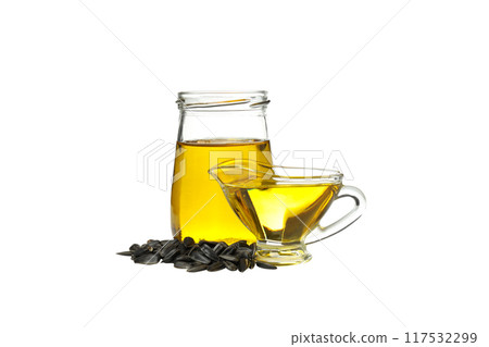 PNG, Sunflower seeds and oil in glass jugs, isolated on white background PNG, Sunflower seeds and oil in glass jugs, isolated on white background 117532299