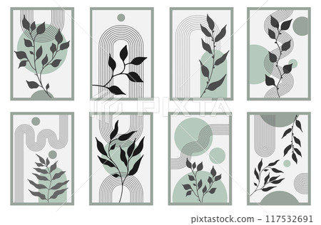 Zen arch poster set with botanical element, simple line arch shapes, and leavs. Geometric Japanese zen pattern minimal elements. Boho style strips, Zen arch poster set with botanical element, simple line arch shapes, and leavs. Geometric Japanese zen pattern minimal elements. Boho style strips, 117532691