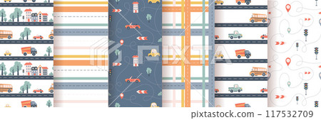 Kids seamless pattern with car, bus and road. Perfect for fabric , digital paper, cards. Kids seamless pattern with car, bus and road. Perfect for fabric , digital paper, cards. 117532709