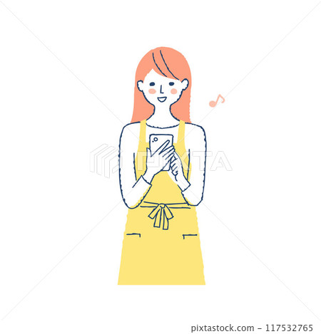 穿著圍裙操作智慧型手機的女人 穿著圍裙操作智慧型手機的女人 117532765