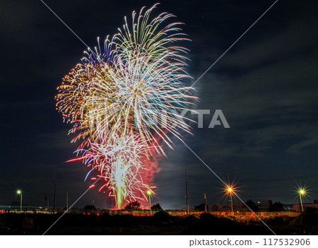 Beautiful fireworks bursting into the night sky 117532906