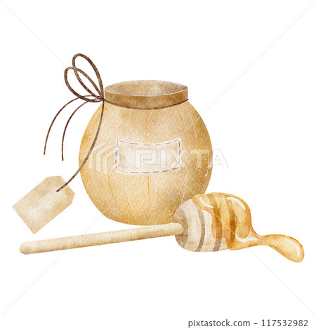 Jar and spoon of honey with a label for text. Watercolor illustration in cartoon style is hand drawn. Composition isolated from background for greeting card, poster, template, on clothes, dishes Jar and spoon of honey with a label for text. Watercolor illustration in cartoon style is hand drawn. Composition isolated from background for greeting card, poster, template, on clothes, dishes 117532982