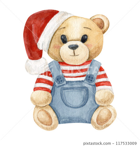Watercolor illustration with Teddy Bear in a red cap, Merry Christmas, hand-drawn 117533009