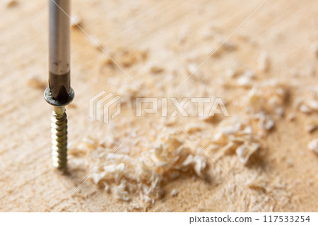 Close up wood threaded lag screw Close up wood threaded lag screw 117533254