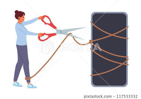 Digital detox is done by woman with mobile phone, cutting rope with scissors to get rid of addiction 117533332