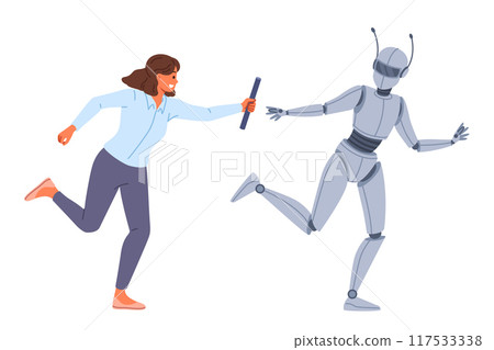 Collaboration human and robot working together towards goal to achieve success in business Collaboration human and robot working together towards goal to achieve success in business 117533338