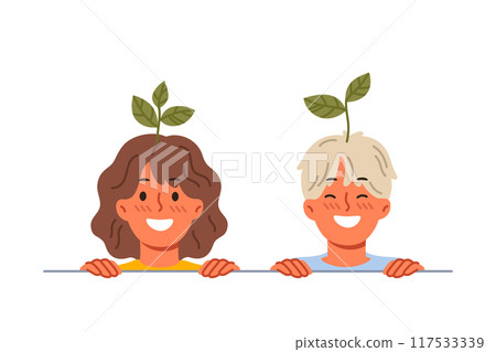 Happy children with plants sprouting from heads, showing commitment to caring for environment Happy children with plants sprouting from heads, showing commitment to caring for environment 117533339