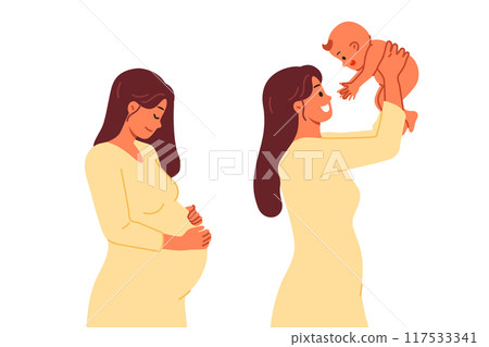 Pregnant woman gives birth to baby and rejoices in motherhood, posing before and after childbirth 117533341