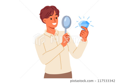 Business man with diamond and magnifying glass, for concept of opportunity and luck in career 117533342