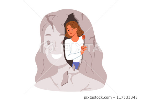 Woman with psychological problems looks out of own destroyed image and needs psychotherapy session Woman with psychological problems looks out of own destroyed image and needs psychotherapy session 117533345