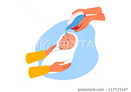 Ritual baptism for infant in christian religion, and use of holy water in church, to protect child 117533347