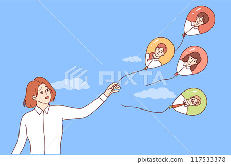 Inexperienced business woman misses out on good employees drawn on balloons flying into sky Inexperienced business woman misses out on good employees drawn on balloons flying into sky 117533378