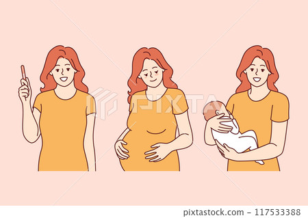 Stages of motherhood and pregnancy in woman holding pregnancy test and baby in hands Stages of motherhood and pregnancy in woman holding pregnancy test and baby in hands 117533388