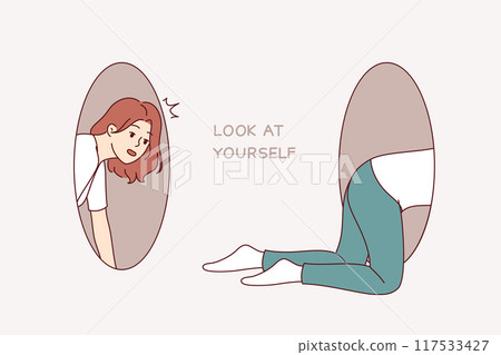 Woman looks for causes problems within personality, crawling through holes and bumping into own feet 117533427