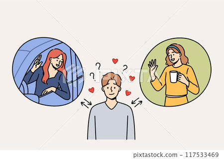 Love triangle involving man choosing girlfriend from two women, demonstrating male polygamy Love triangle involving man choosing girlfriend from two women, demonstrating male polygamy 117533469