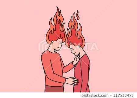Emotional burnout of family couple with fire above heads, for concept of relationship problems Emotional burnout of family couple with fire above heads, for concept of relationship problems 117533475