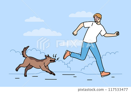 Man runs away from angry barking dog infected with rabies and lunging at passers-by 117533477