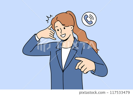 Business woman says call me and points finger at screen, offering to exchange contacts 117533479