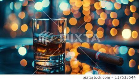 Glass of brandy and cuban cigar on an old wooden table. Angle view 117533544