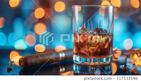 Glass of brandy and cuban cigar on an old wooden table. Angle view 117533546