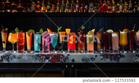 Assortment of colorful exotic alcoholic cocktails served in glasses with garnishes 117533591