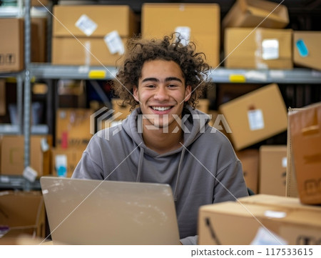 Online business. Young man business owner about online business. Successful and happy with the business Online business. Young man business owner about online business. Successful and happy with the business 117533615