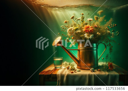 A charming image featuring a watering can filled with orange flowers placed on a table 117533656
