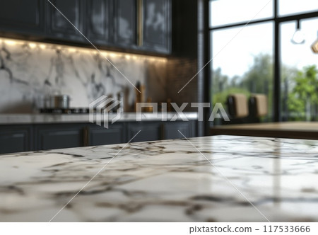 Kitchen counter and blur background. Kitchenware board interior, tabletop top with copyspace for mockup template. Modern room with empty desk. Blurry home and furniture countertop 117533666