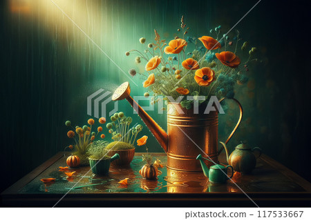 A green watering can sits on a green surface adorned with water droplets, set against a green background. A green watering can sits on a green surface adorned with water droplets, set against a green background. 117533667
