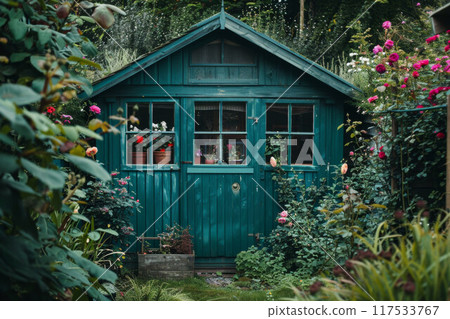 English back garden with shed amongst the plants 117533767