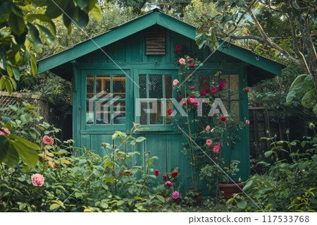 English back garden with shed amongst the plants English back garden with shed amongst the plants 117533768