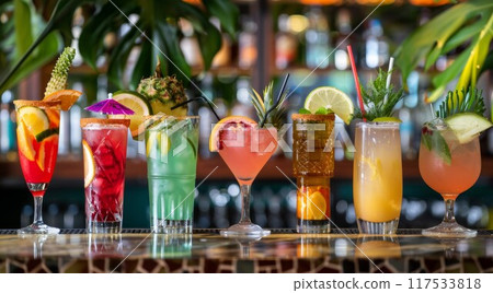 Assortment of colorful exotic alcoholic cocktails served in glasses with garnishes Assortment of colorful exotic alcoholic cocktails served in glasses with garnishes 117533818