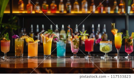 Assortment of colorful exotic alcoholic cocktails served in glasses with garnishes 117533823