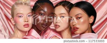 Four beautiful cheerful diverse models, 4 happy multicultural women, smiling multiracial young girls beauty faces 117533893
