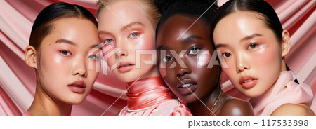 Four beautiful cheerful diverse models, 4 happy multicultural women, smiling multiracial young girls beauty faces 117533898