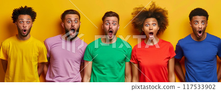 Horizontal shot of people from different races, being emotional, express various feelings and emotions, stand in row. Mixed race young women and men show surprisment, happiness 117533902