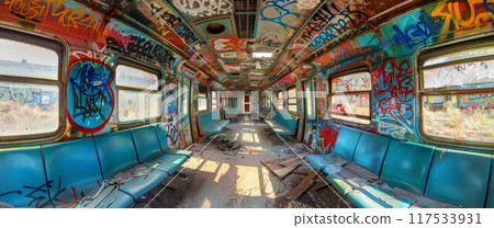 Inside of a abandoned train car with bright colored graffiti 117533931
