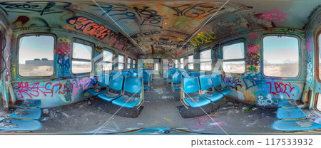 Inside of a abandoned train car with bright colored graffiti 117533932