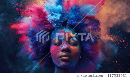 African woman with colorful powder on her face 117533981