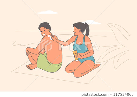 Woman applies SPF cream to groom back to avoid burns and harmful effects of solar radiation 117534063