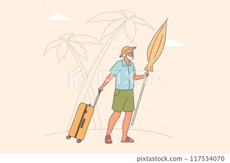 Elderly man went on trip to sea beach with suitcase on wheels and umbrella to protect from sun 117534070