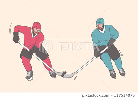 Two men play hockey, trying to take puck from opponent with stick and score goal. 117534076