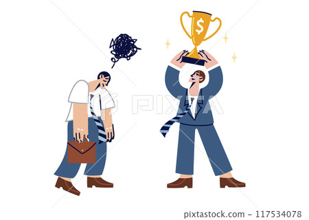 Envy from losing business man to colleague who received cup for winning professional competition 117534078