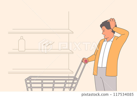 Man shopper sees shortage of goods in store and empty shelves as result of economic crisis Man shopper sees shortage of goods in store and empty shelves as result of economic crisis 117534085