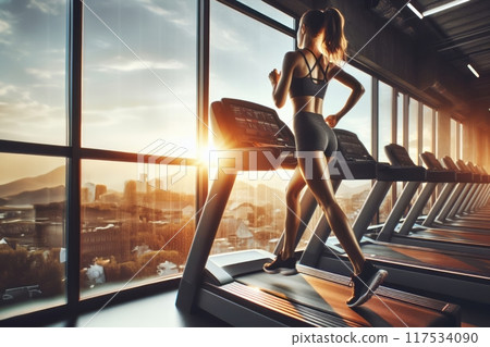 Generated image a woman running on a treadie machine in a gym, sunlight shining through windows, Generated image a woman running on a treadie machine in a gym, sunlight shining through windows, 117534090