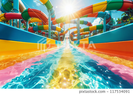 a colorful water slide at a water park, conceptual art, sunlight shining through, a colorful water slide at a water park, conceptual art, sunlight shining through, 117534091