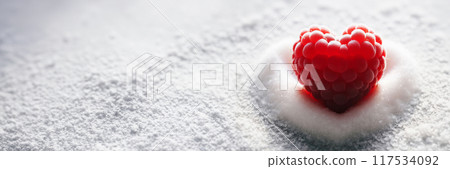A solitary red heart-shaped raspberry delicately placed atop a mound of sugar, creating a visually captivating and sweet composition, 117534092