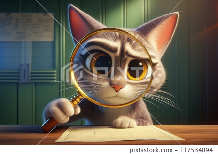 a cat character is looking through a magnifying glass 117534094